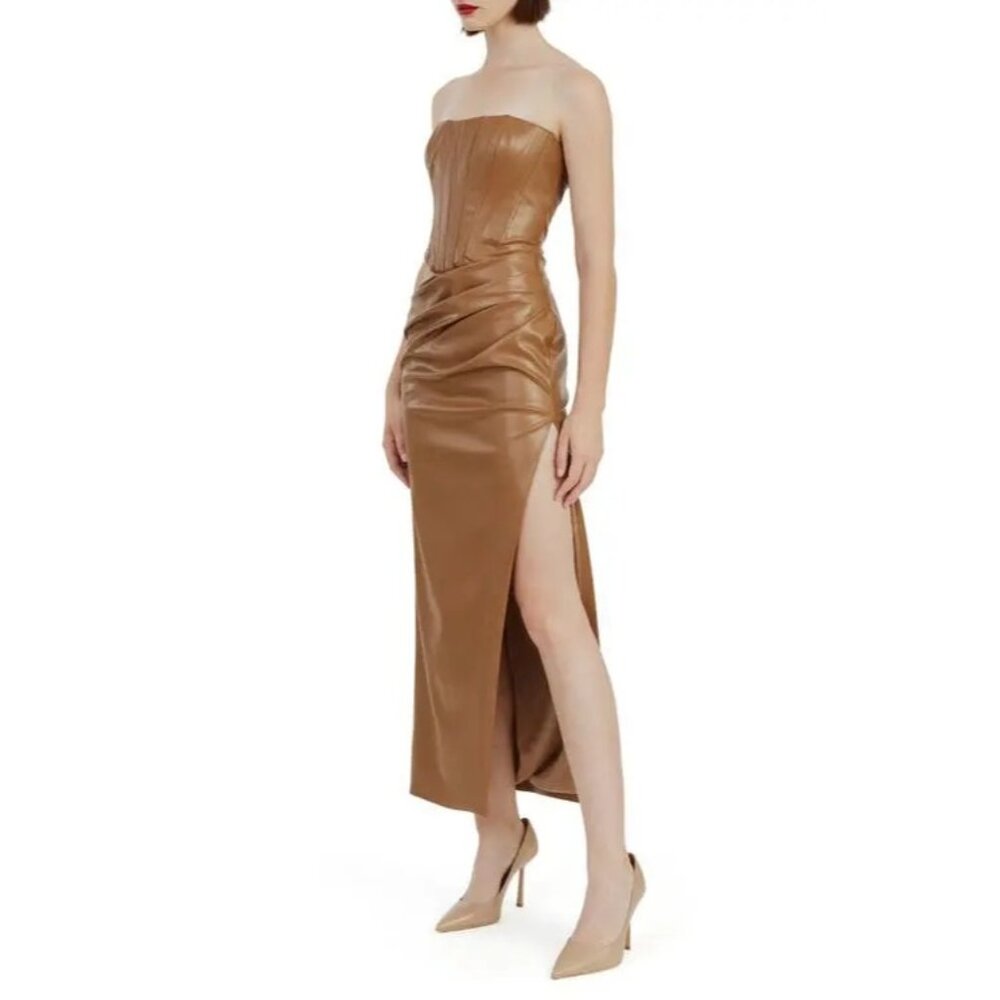Bardot Everlasting Faux Leather Dress in Camel 2 New Womens Vegan Strapless Midi - Picture 14 of 16